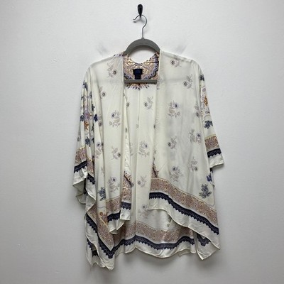 Rachel Rachel Roy Womens White Blue Boho Floral Open Front Beach Kimono Cover Up
