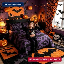 Halloween Themed Comforter Set Full Size,Black Bats Animal Print Be