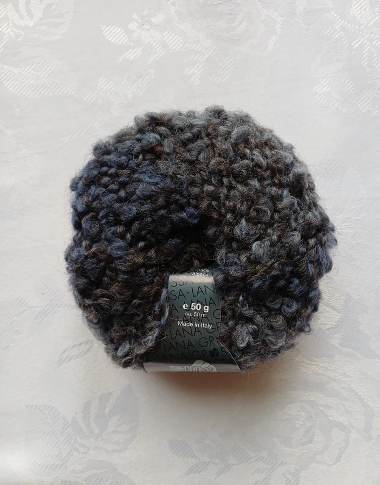 Ca 300 g Bouclé-Strickwolle Lana Grossa meliert in Grau-Blau-Schwarz Mütze Schal - Bild 2 von 2