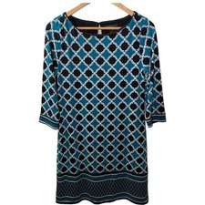 White House Black Market Womens S Dress Blue Geometric Print Shift Work Casual