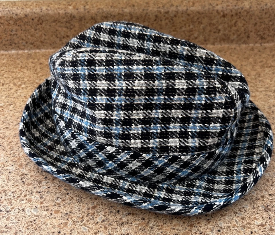 Vintage Short Brim Wool Blend / Tweed Trilby / Fedora Hat 7.5 blue PLAID 1950's - Image 3 of 4