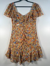 ASTR The Label Womens Floral Ruched Ruffle Hem Mini Dress Multicolor Sz L 18x35