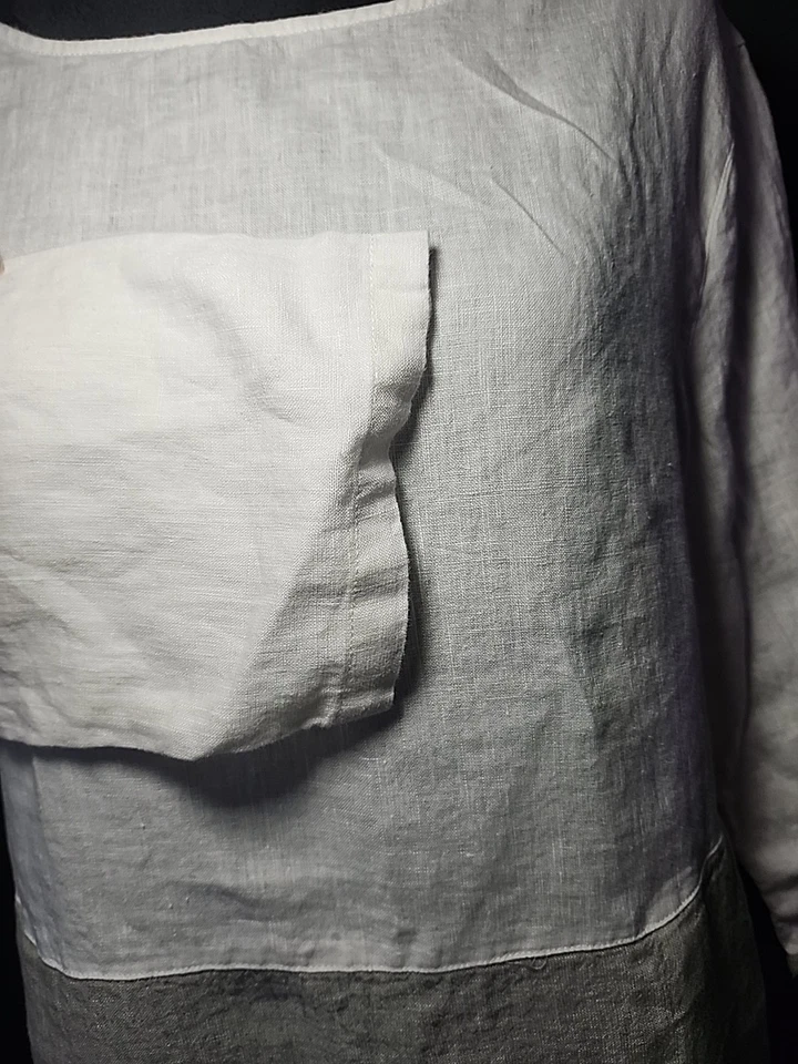 Tahari Dress, 100% Linen, Medium, Pockets, Gray And White, 3/4 Sleeves - Image 4 of 4