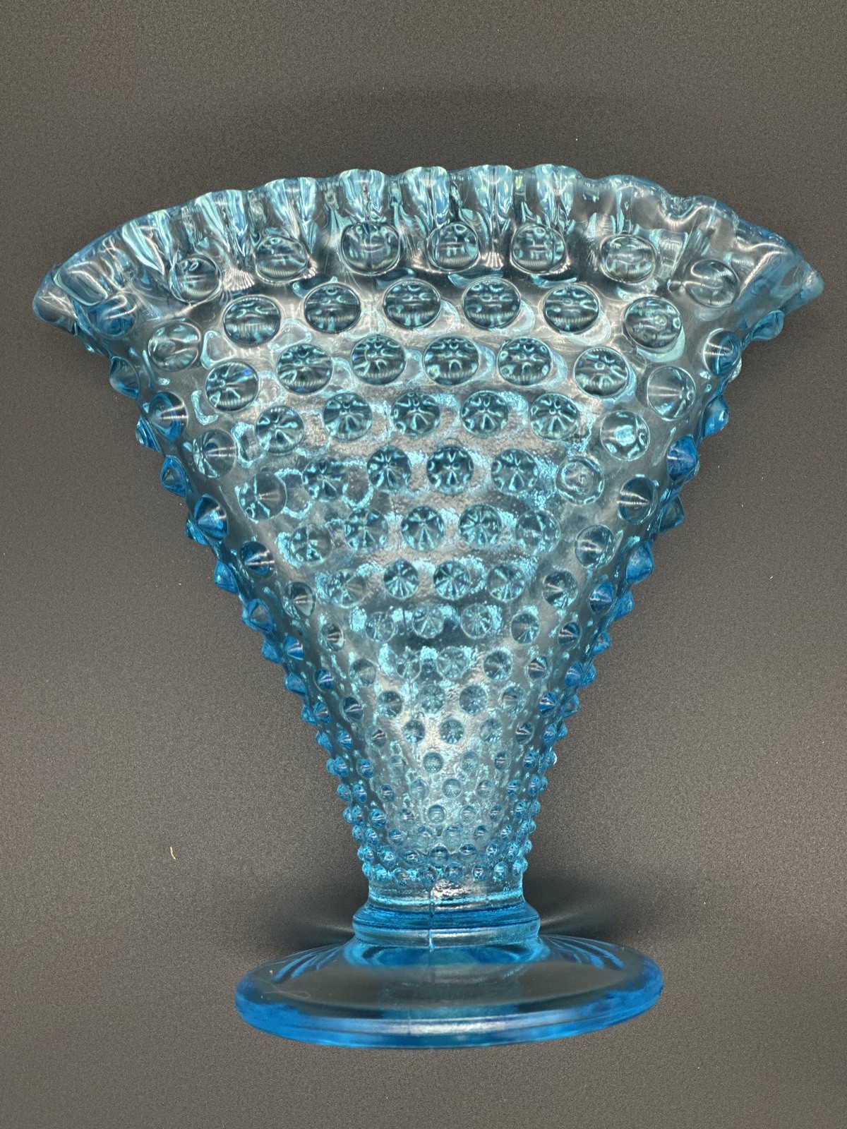 Fenton Blue Opalescent Hobnail Fan Vase Art Glass Ruffled Edge