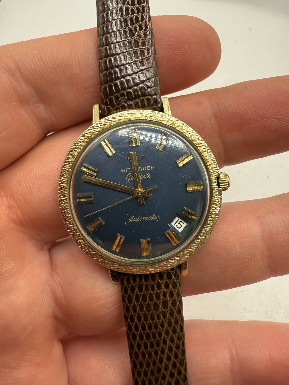 VINTAGE Wittnauer Geneve Automatic Watch Blue Dial Gold Tone Textured Bezel