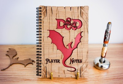 D&D Player Notes Journal Oak Wood Wooden Cover Laser Engraved Sketchbook