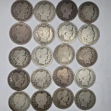 Lot 20 1892-1916 Barber Head Quarters 90% Silver Collection $5 Face Value
