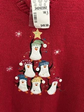 NWT CJ Banks Embroidered Christmas Penguins  Winter Sweater Sz X