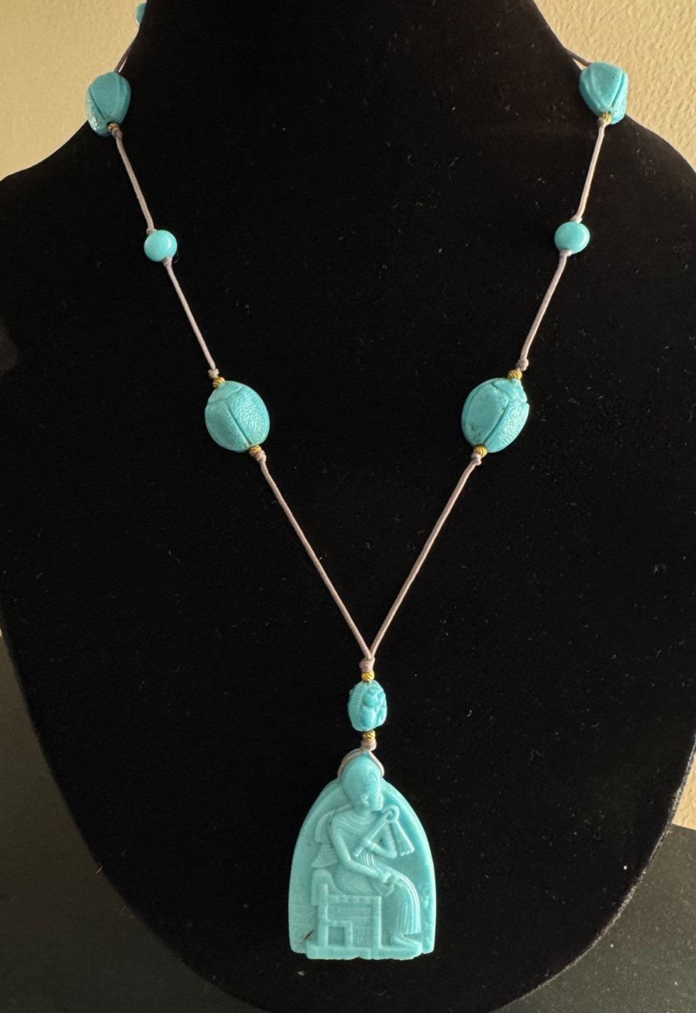 Vintage Art Deco Egyptian Revival Max Neiger Turquoise Glass Pendant Necklace