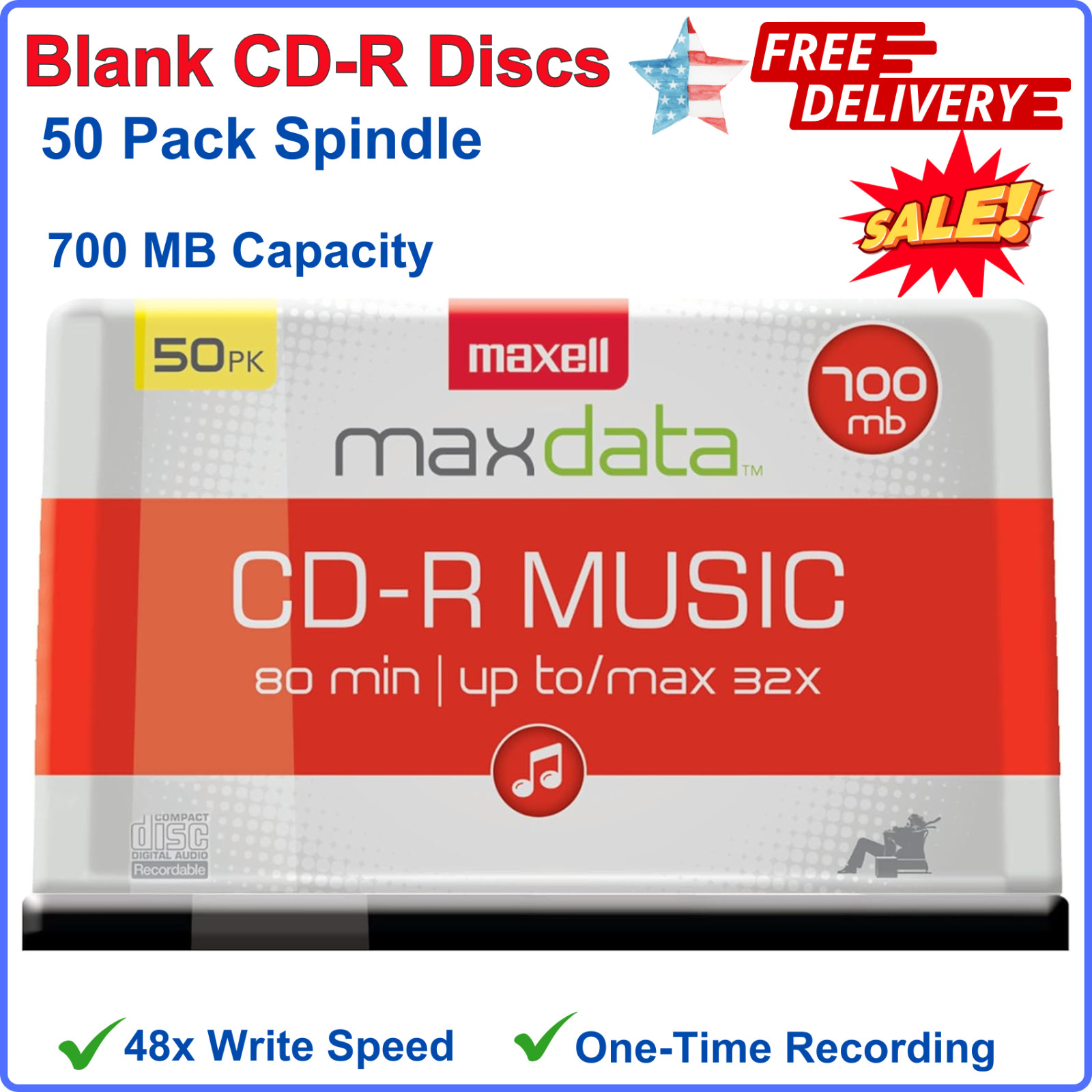 50 Pack CD-R 32X Music Spindle, Audio Only, Blank Media, 700MB/80 Min, To Record