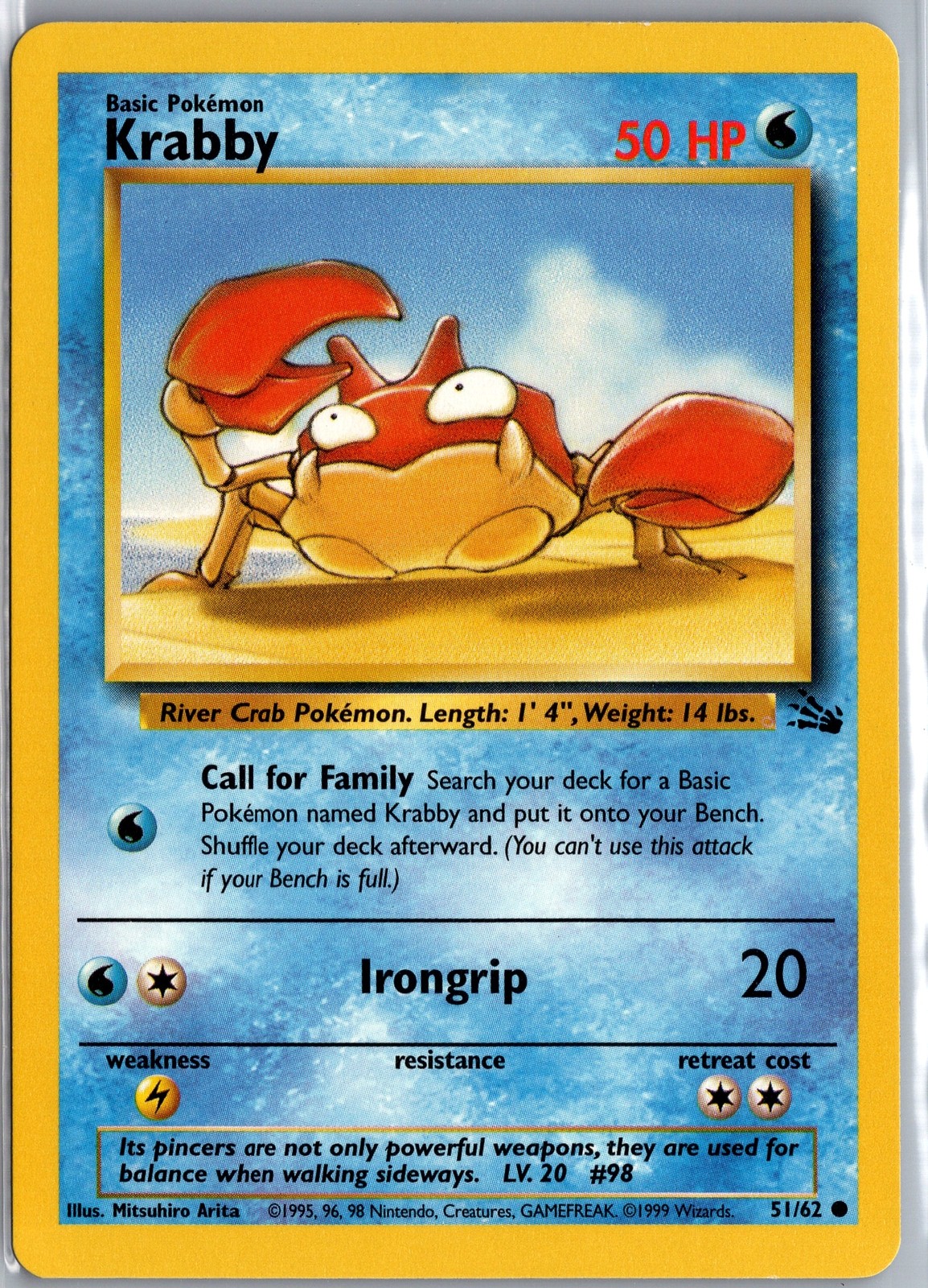 Krabby 51/62 1999 Pokemon Card - Base Set - Common NM