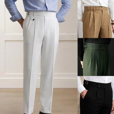 Adjustable Waist Business Men's Pants Cuffed Trousers Workwear Pleated Front