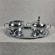 Vintage Irvinware Creamer and Sugar Bowl Set With Tray made in USA Chrome Plate