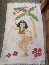 Vintage Hawaii beach towel 1960s Aloha Hula Dancer USA Souvenir Tiki Palm Tree