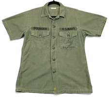 Vintage 70s Vietnam Era OG 107 US Navy Sateen Seabees Fatigue Shirt 15.5 x 33