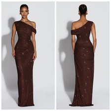 One Shoulder Sparkling Mesh Ball Gown Mermaid Sleeveless Satin Evening Dress