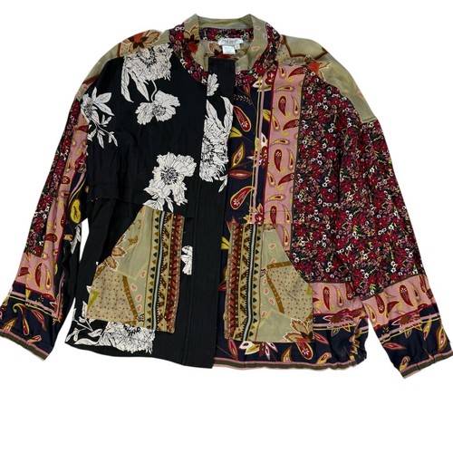 Tru Luxe Floral Patchwork Zipper Snap Front Drawstring Bohemian Jacket Large - Picture 5 of 10