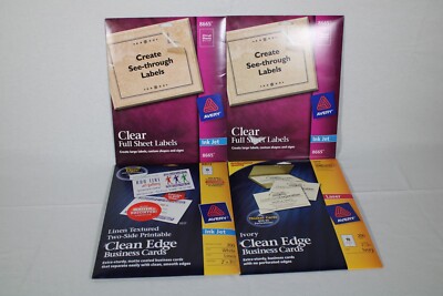 Avery Clear Shipping Labels 8665 Ivory Business Cards 5876, Linen Cards 8873 lot