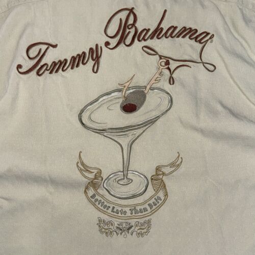 TOMMY BAHAMA Mens Medium Beige Button Down Silk Shirt Embroidered Graphic - Foto 2 di 7