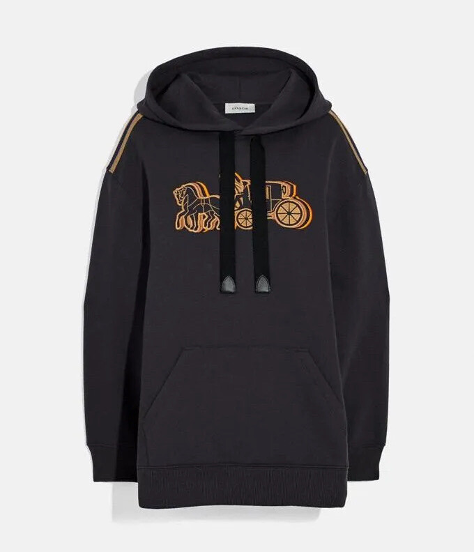 COACH ☆ HORSE AND CARRIAGE TAPE HOODIE Coach Oversized Horse & Carriage Hoodie Made in Peru Black