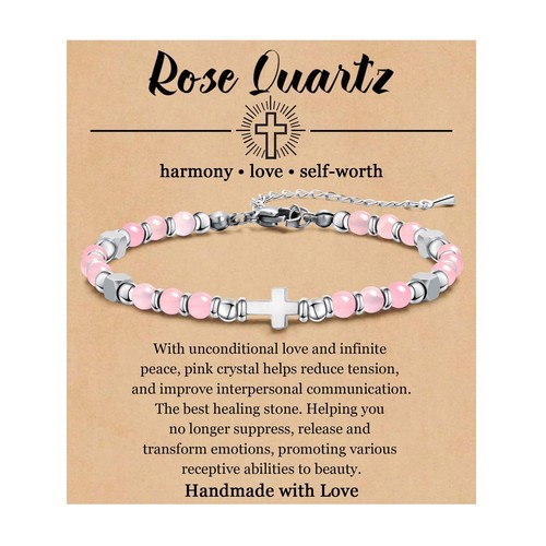Dainty Cross Bead Bracelet for Women - Tiny Gemstone Beaded Bracelets Cross Chai