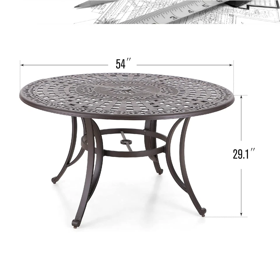 Round Patio Dining Tables for 6 Person Outdoor Aluminum Table w/ Umbrella Hole - Image 3 of 4