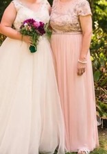 Adrianna Papell  Long Dress 14 Blush Beaded  Top Short Sleeves Tulle Gown