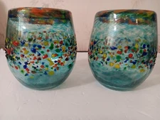 Set Of 2 Bambeco Bar Cart-Hand Blown Blue Confetti Recycled Winglasses