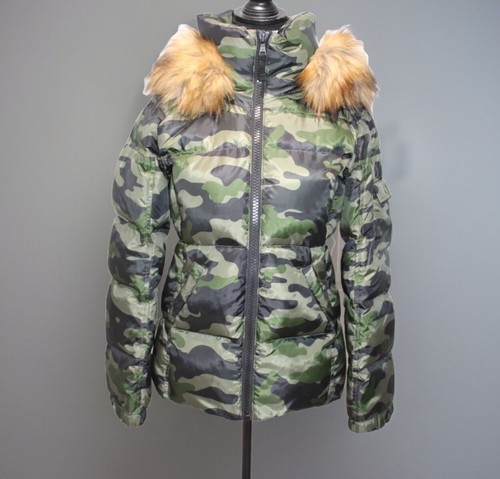 S13 New York M DOWN Puffer Coat Faux Fur Hood Detachable Mid Length CAMO Jacket - Picture 7 of 12