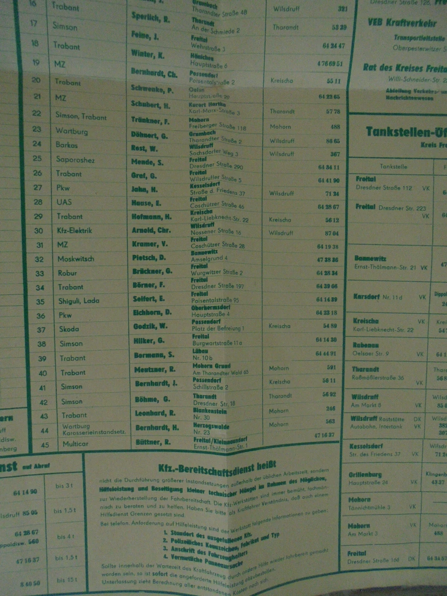 33201 DDR Plakat Kr. Freital KFZ Bereitschaftdienst Vertragswerkstättenplan 1989