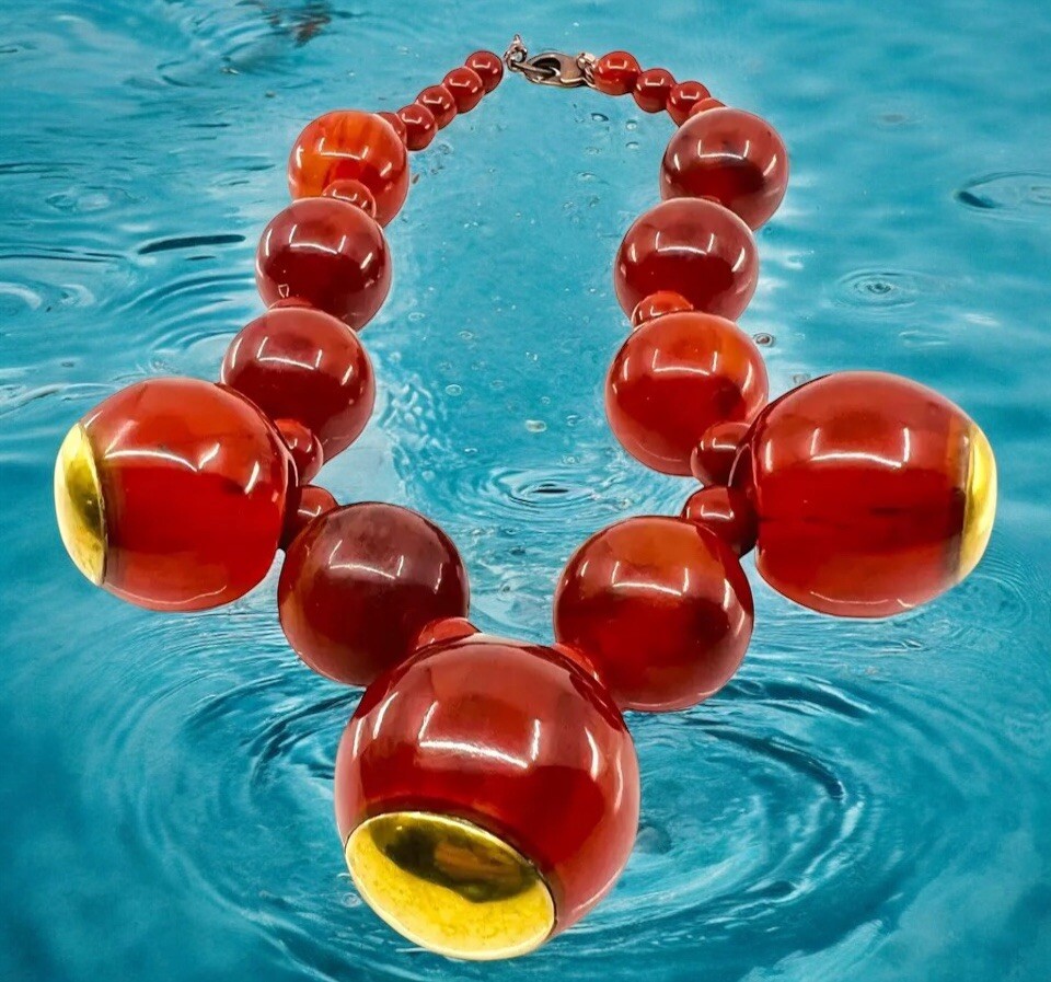 Rust Bakelite Necklace with Brass Trim, Chunky St… - image 1