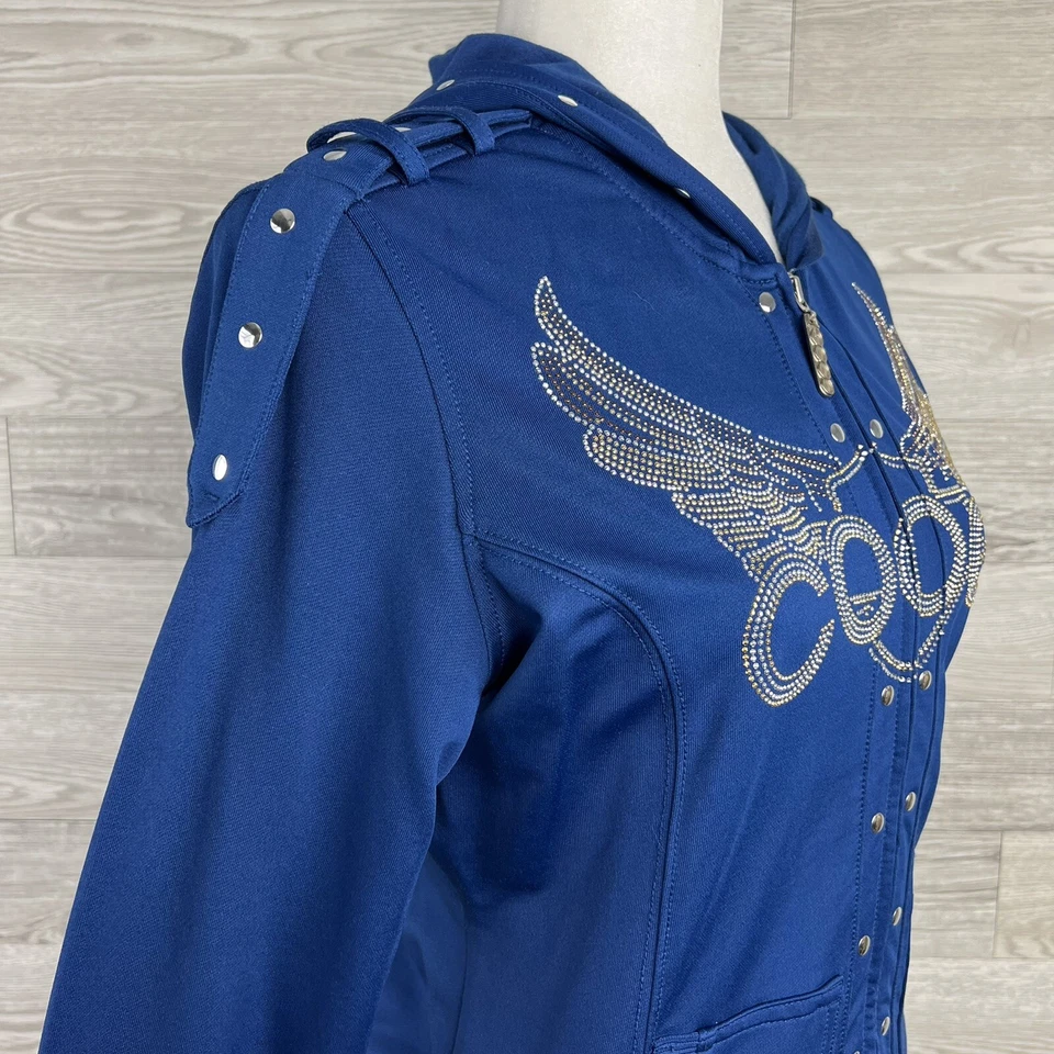 Chaqueta Coogi Azul Marino Para Mujer Talla Mediana Metal Cristal Tachonado Cremallera Sudadera con Capucha Foto 4 de 4
