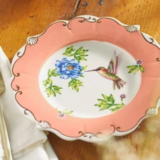 Anthropologie Lou Rota Mother Nature Coral Hummingnbird Floral Plate 9.5"