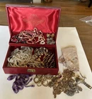 VTG Estate Jewelry Box W/Costume Jewelry Lot Cuff Links Necklaces 1940’s-1960’s