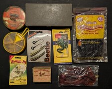 Lot Vintage Fishing Gear Tackle Box Hooks Lures Sinkers Bait Worms Falcon Kirby