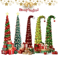 5FT Pre-Lit Pencil Christmas Tree Artificial LED Xmas Collapsible Tinsel Tree US