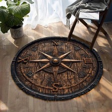 A Vintage Wood Grain Nautical Compass Logo Pattern Printed Round Rug, Made of 80