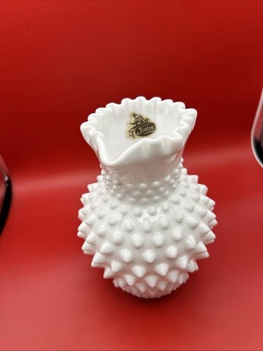 VTG Fenton Milk Glass Hobnail Crimped Rim Pitcher 5 3/4’’ Tall 4 1/2’’ Wide