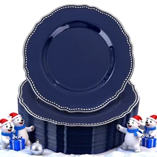 60pcs Blue Plastic Plates - Blue and Silver Disposable Dinnerware with Gold R...