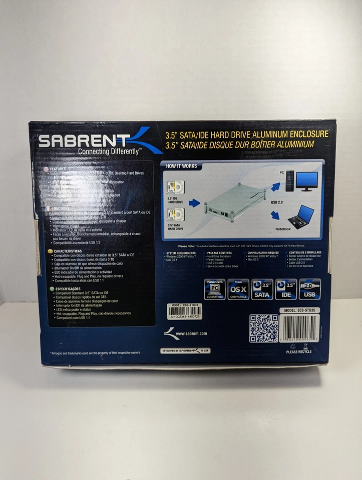 Sabrent 3.5” SATA/IDE ALUMINUM HARD DRIVE ENCLOSURE + 250GB Western Digital HDD - Image 4 of 4