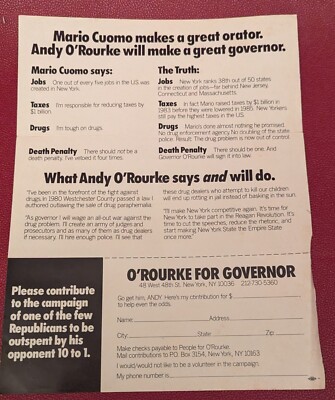 Andrew O'Rourke For New York State Governor Campaign Literature 1986