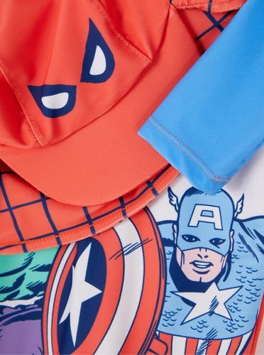Conjunto de traje de baño para bebé Marvel mono gorro de paraguas protección para el cuello protección solar UV - Imagen 4 de 4