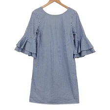 Nine West Dress Womens Large Blue Striped Scoop Neck V Back Ruffle Bell Sleeve