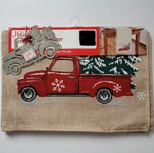 Table Runner Red Pickup Truck & Ornament Burlap Farmhouse Tree Country Pioneer