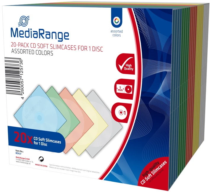 20 Mediarange CD Hüllen 1er Soft Slimcase 5 mm für je 1 BD / CD / DVD farbig