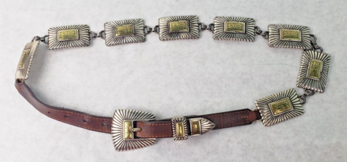 Vintage Justin Silver Concho Leather Belt w/Gold Plate Center - Afbeelding 1 van 10