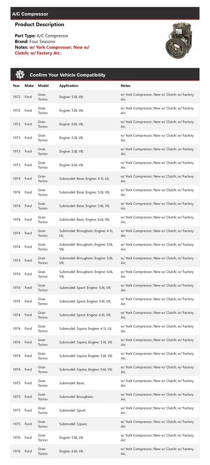 Компрессор кондиционера для 1972-1976 Ford Gran Torino 4 сезона 1973 1974 1975 - Изображение 2 из 4