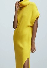 MASSIMO DUTTI Roll Neck Wool and Cashmere Dress, Lime Yellow, M, UK 12