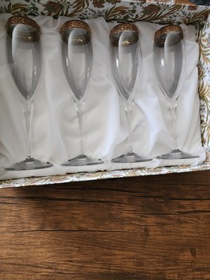 Bohemia Gloria Moser Gold Rim Etched Stemmed Champagne Flute Set of 4 Glasses