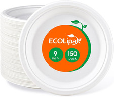 9 Inch 150 Pack Compostable Paper Plates, Heavy Duty Disposable Biodegradable Ec